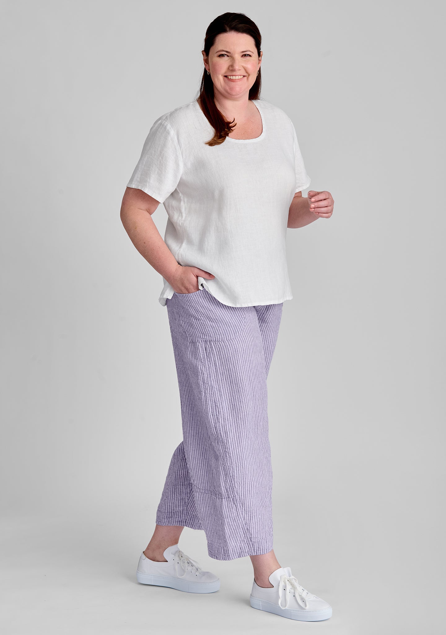 FLAX linen tee shirt in white with linen pants in purple