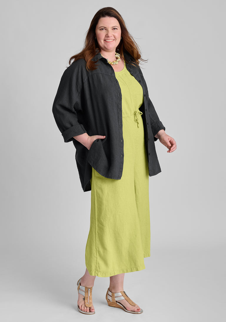 FLAX linen blouse in black with linen jumpsuit in green