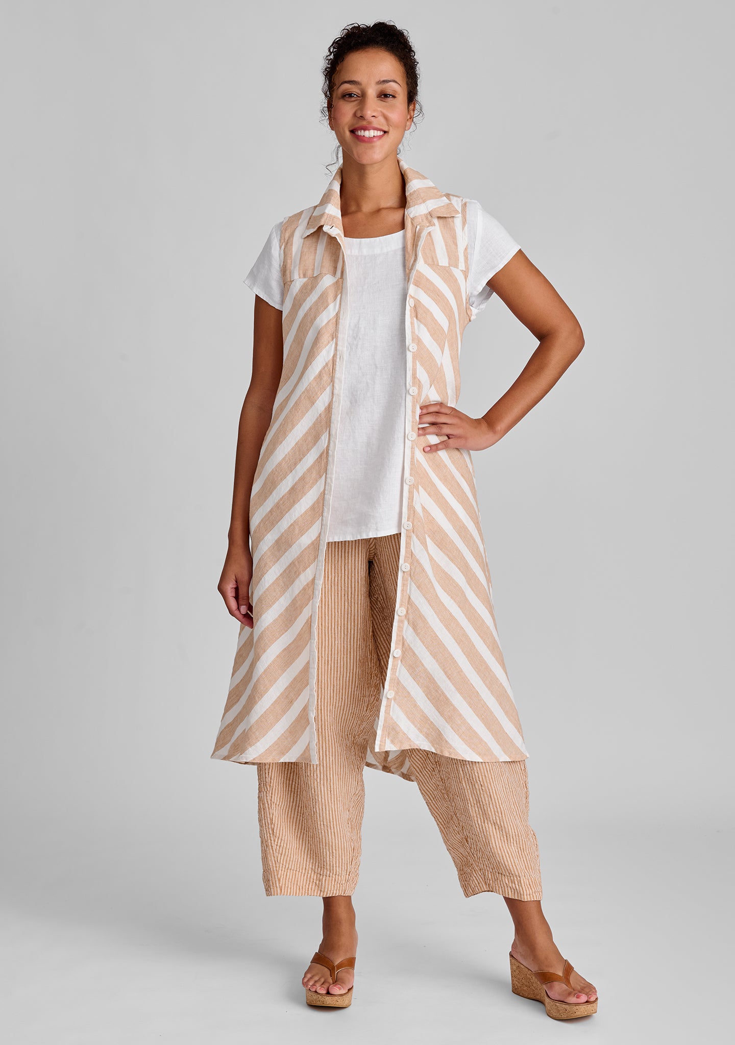 FLAX linen blouse in orange with linen tee in white with linen pants in orange