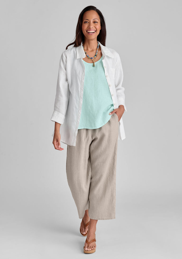 FLAX linen shirt in white with linen tank in green and linen pants in natural