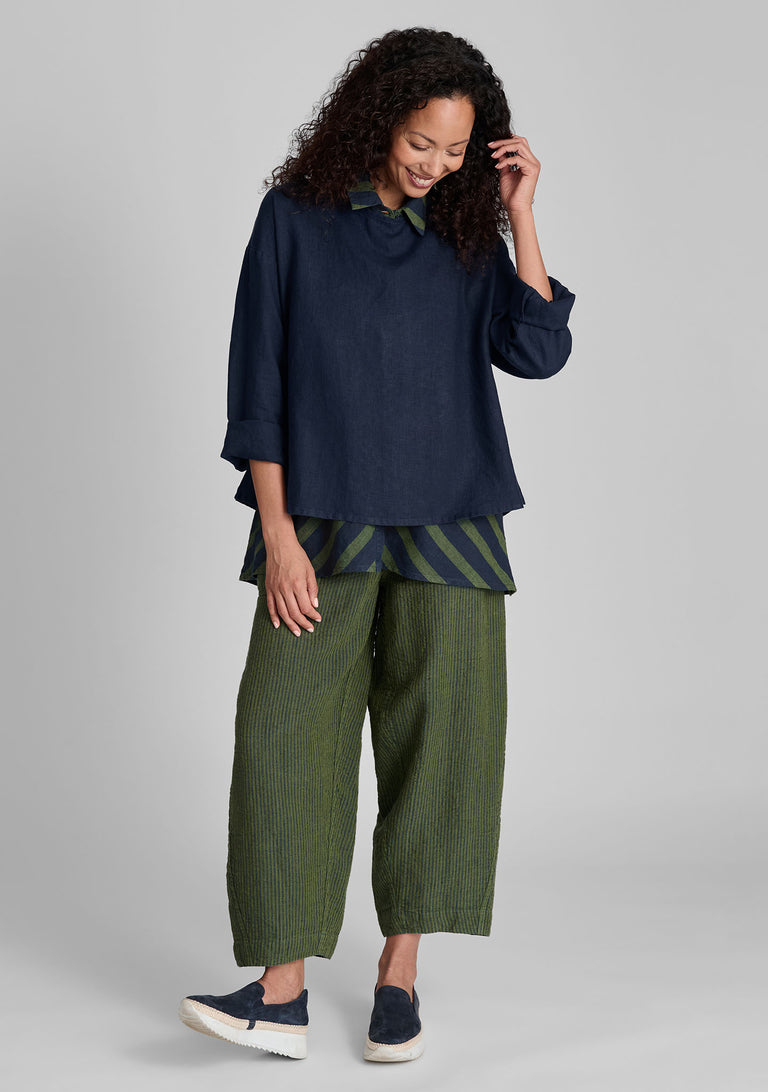 FLAX linen shirt in blue with linen blouse in blue and linen pants in green