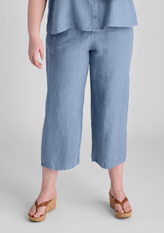 floods linen pants with elastic waist blue