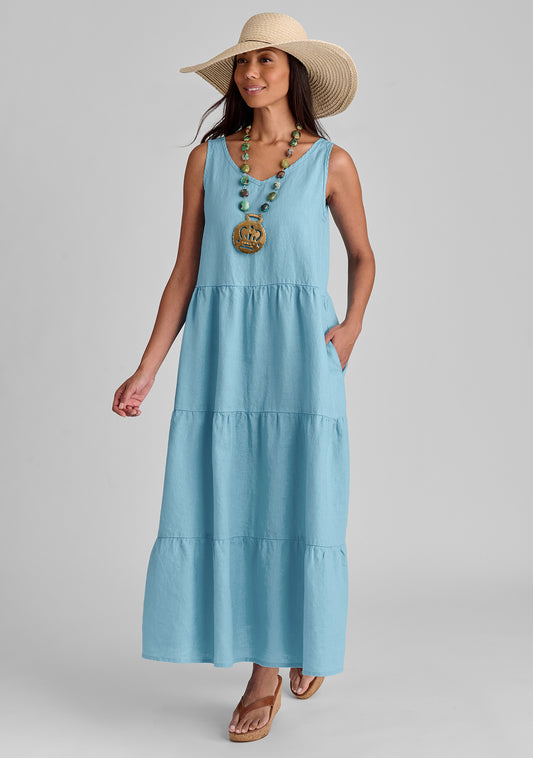 tiered dress linen maxi dress blue