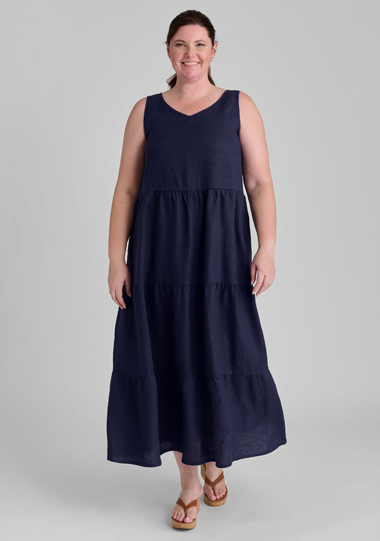 tiered dress linen maxi dress blue