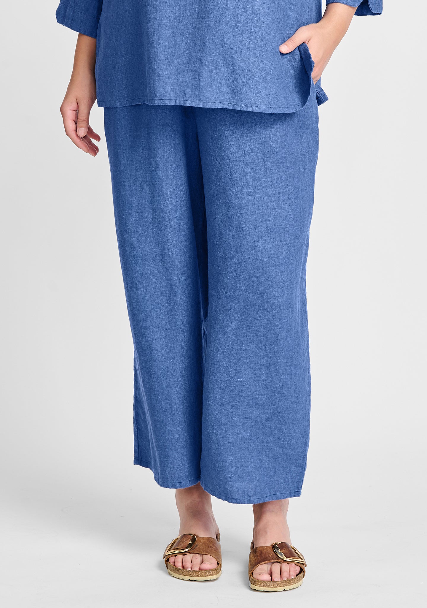 floods linen pants with elastic waist blue