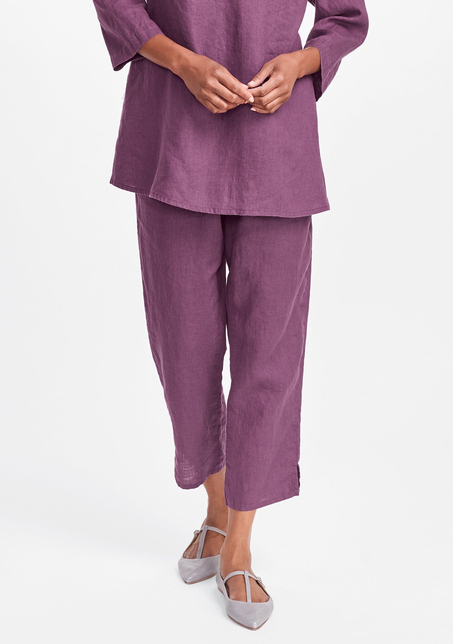 pocketed ankle pant linen pants purple