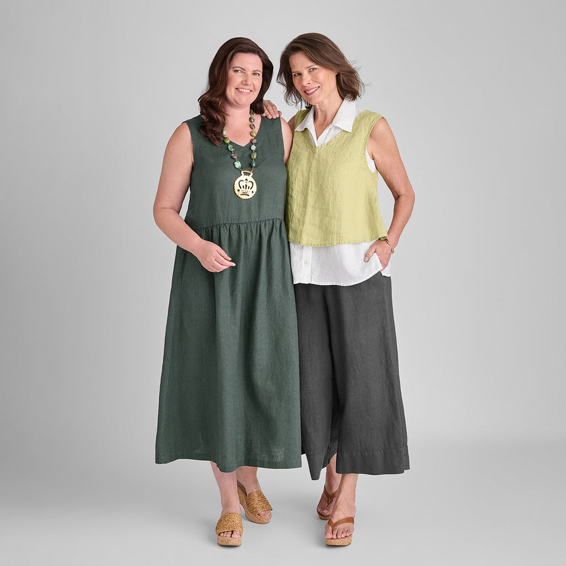 two women wearing FLAX linen clothing