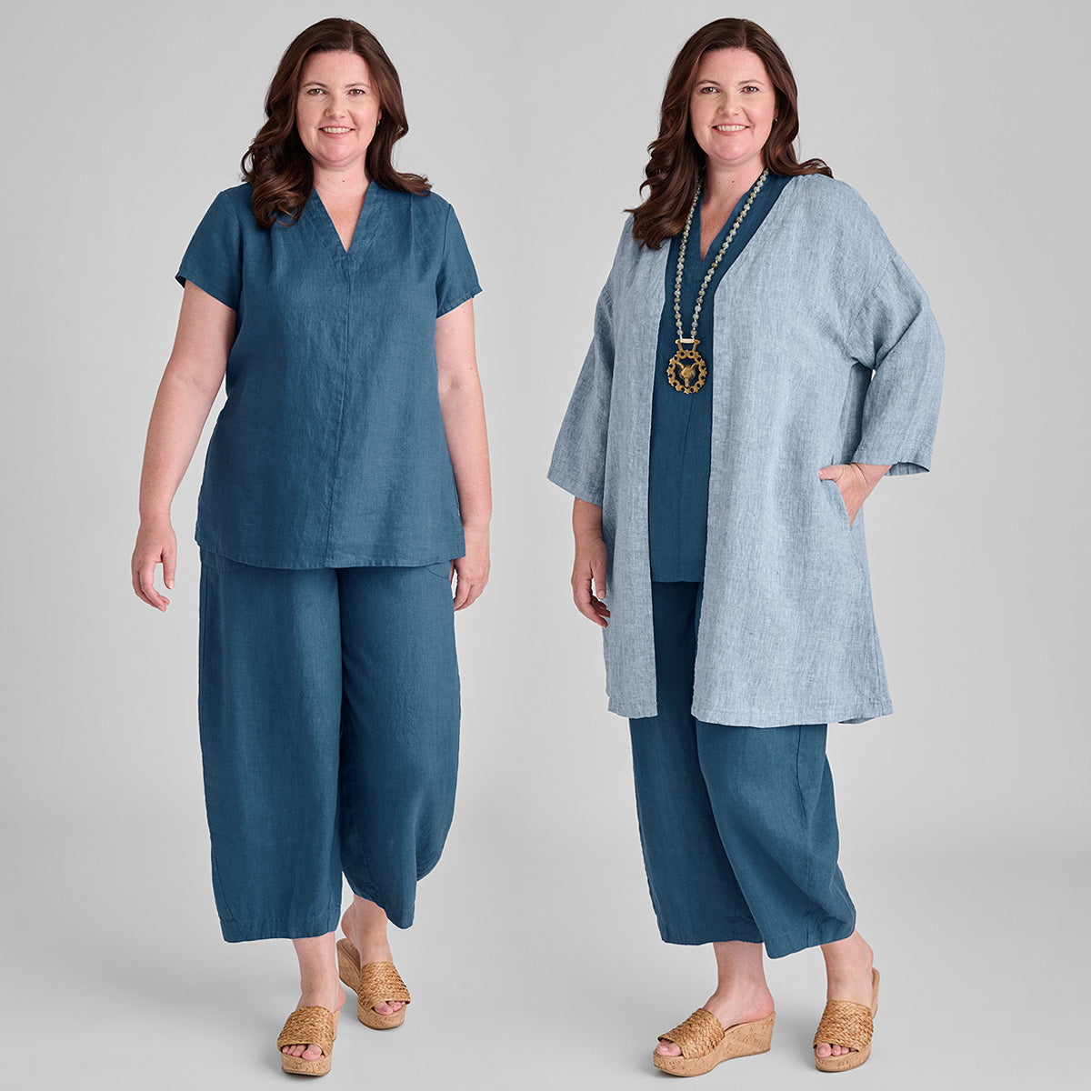 two outfits of blue linen outfits