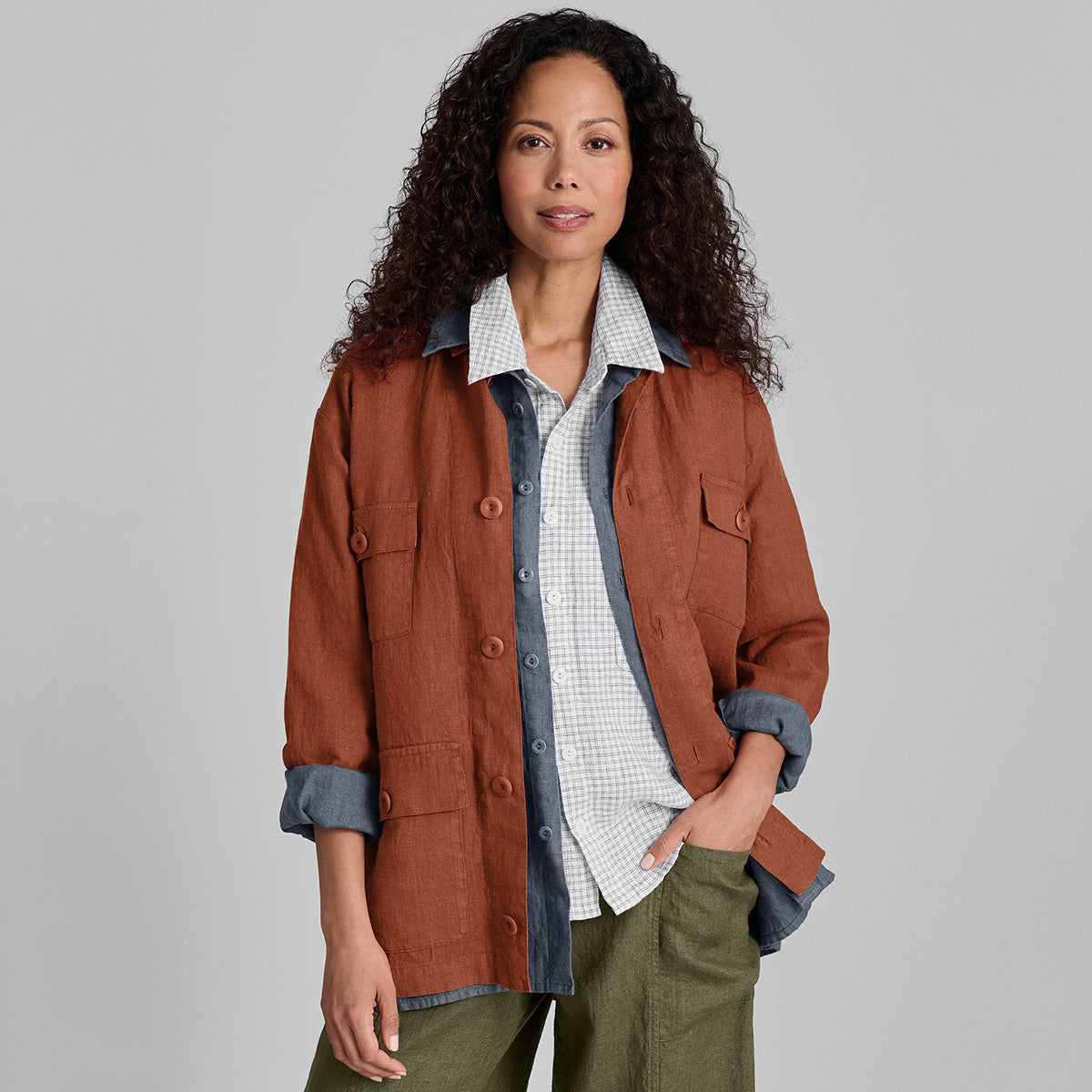 woman in FLAX linen clothing layered
