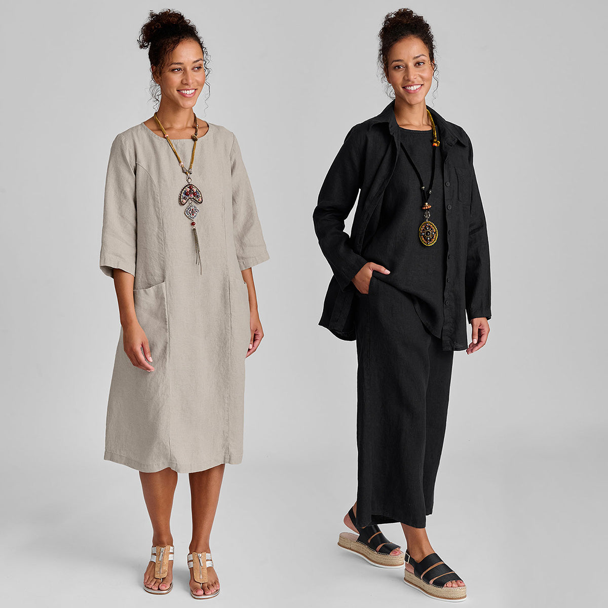 two women wearing natural and black linen clothing