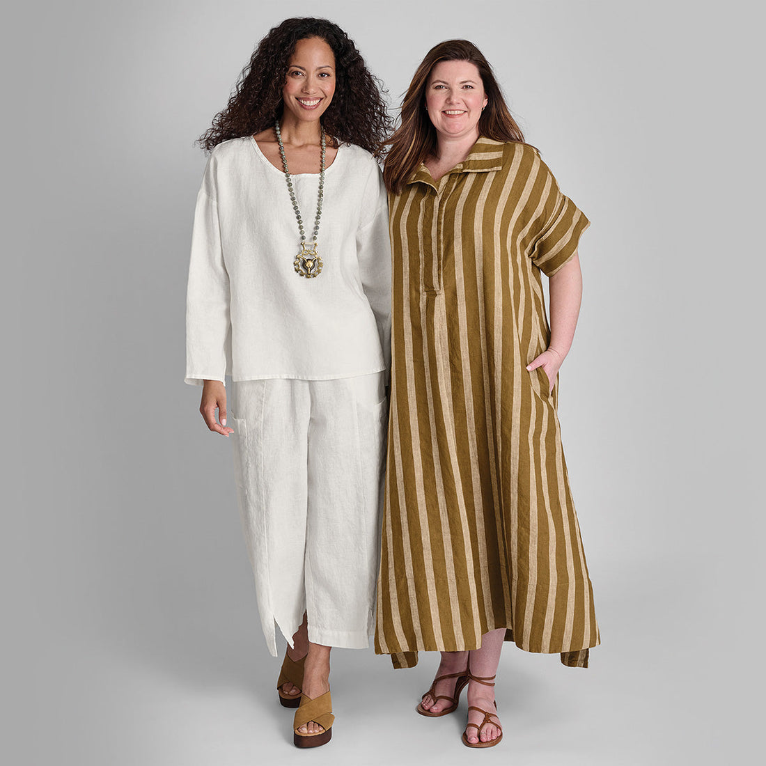 two women wearing FLAX linen clothing