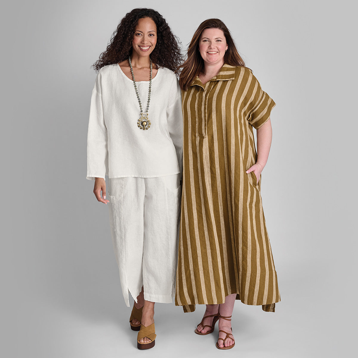 two women wearing FLAX linen clothing