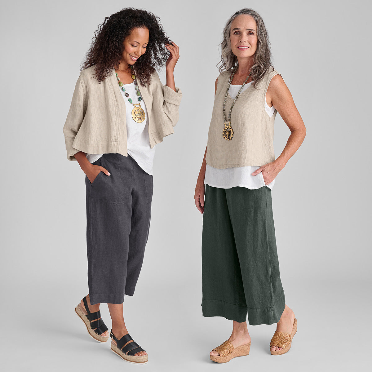 two women wearing FLAX linen clothing