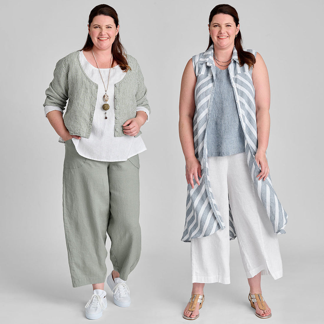 two women wearing pastel colored FLAX linen clothing