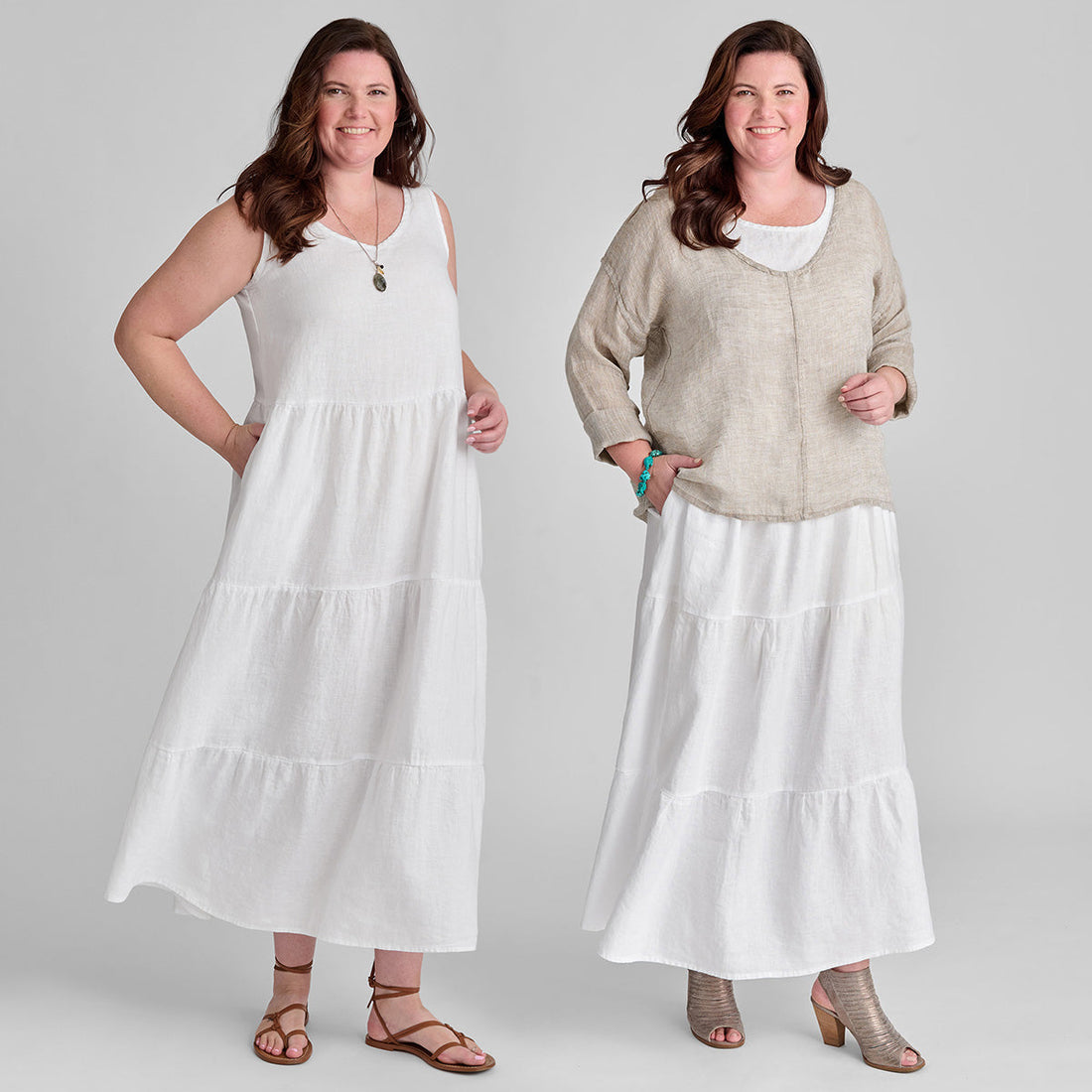 women in white linen outfits