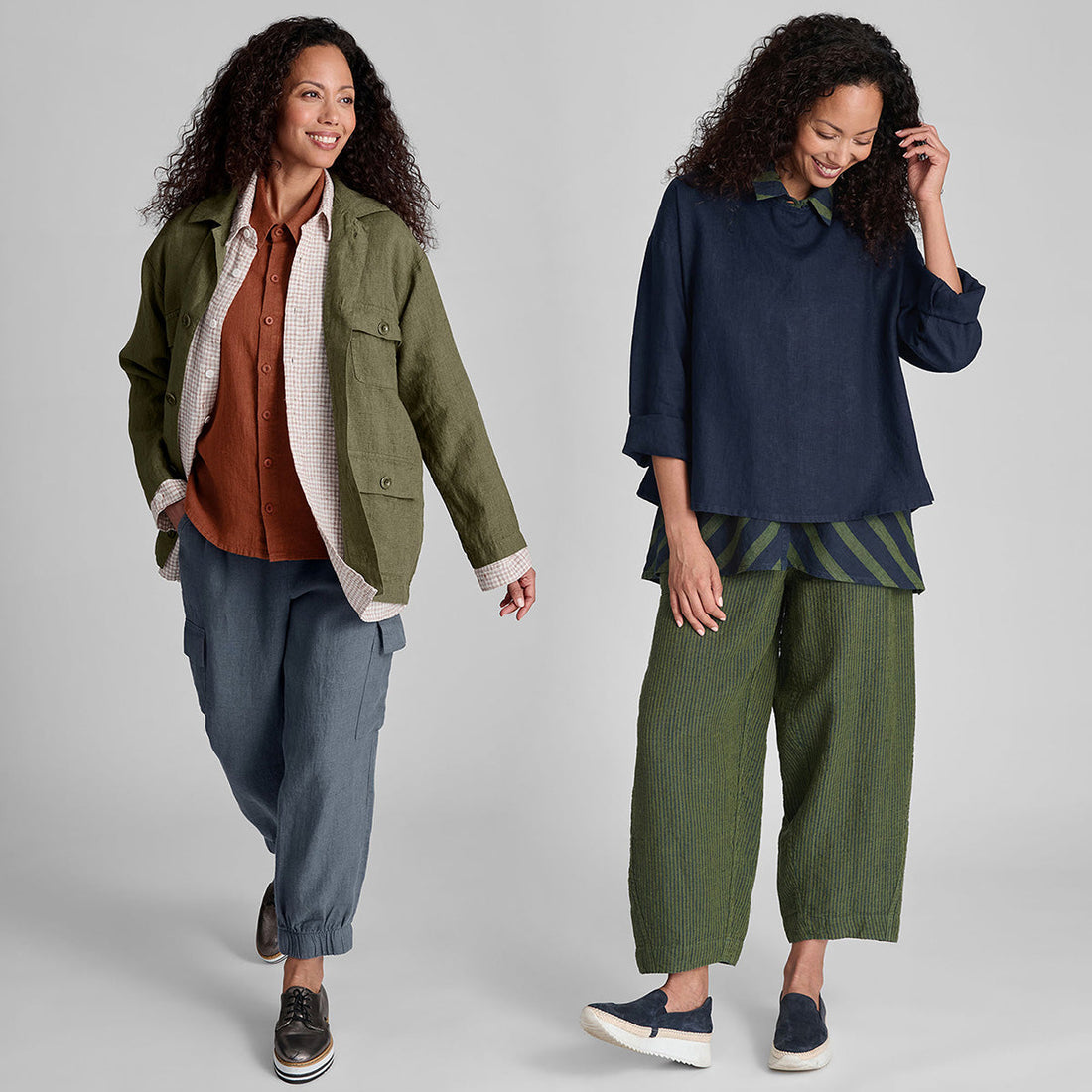 two women wearing layered outfits in FLAX linen clothing