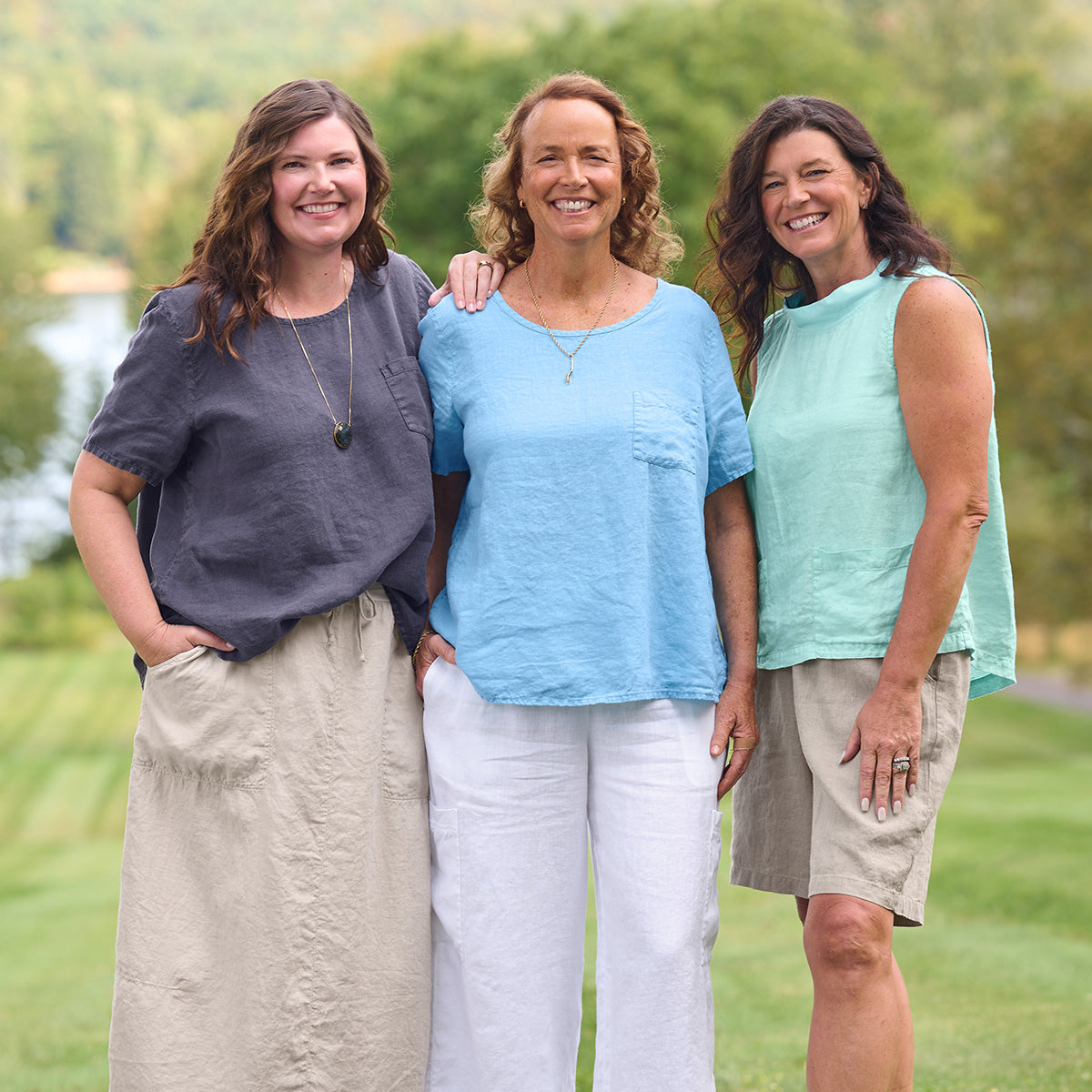 three women outdoors wearing FLAX linen