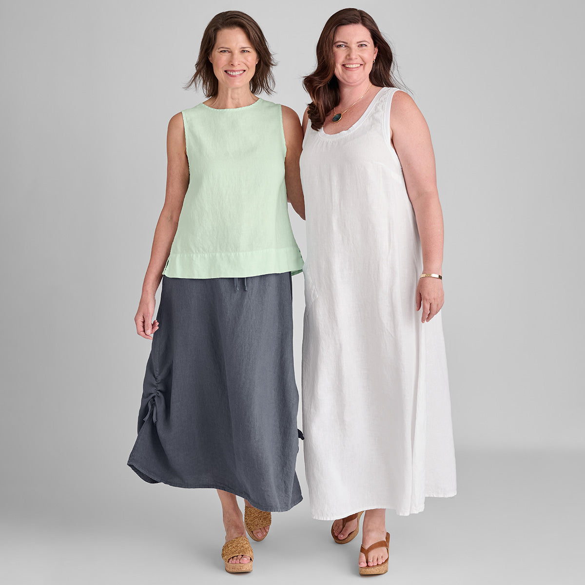 two women side by side wearing FLAX linen clothing