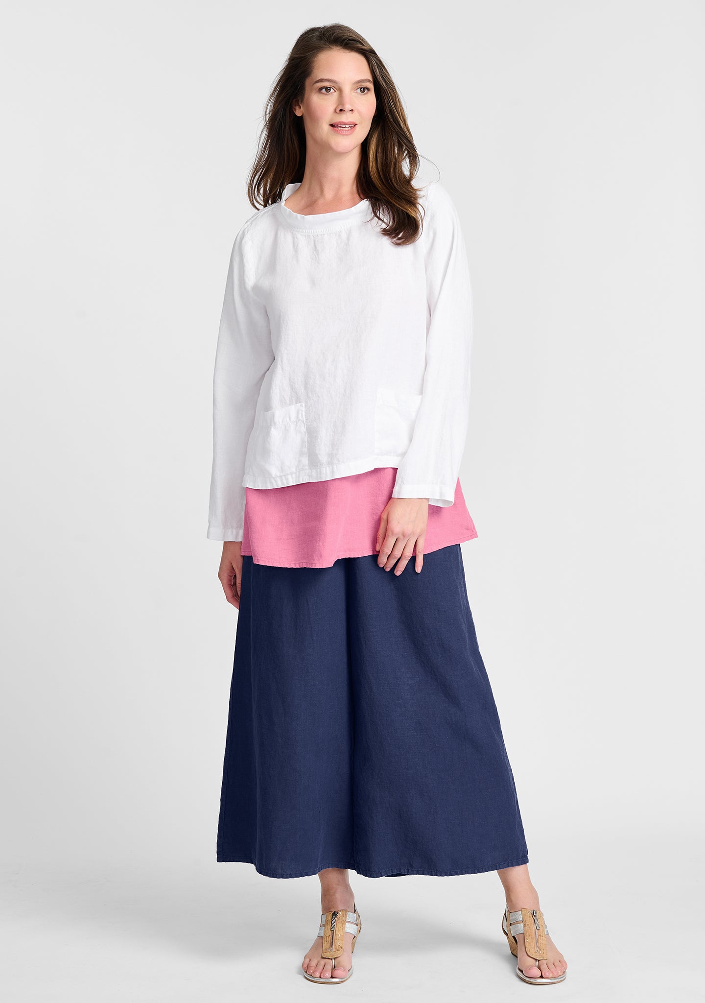 FLAX linen shirt in white with linen tank in pink and linen pants in blue