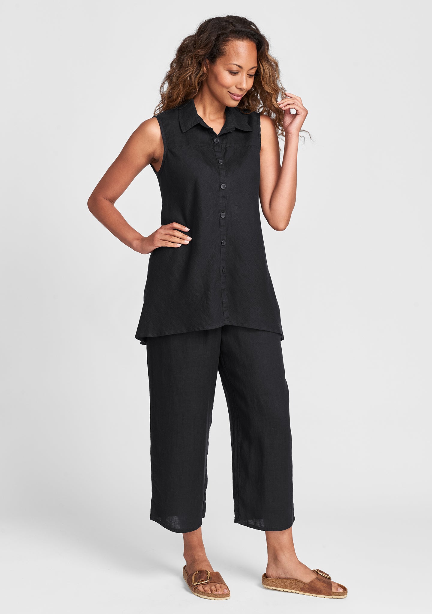 FLAX linen shirt in black with linen pants in black