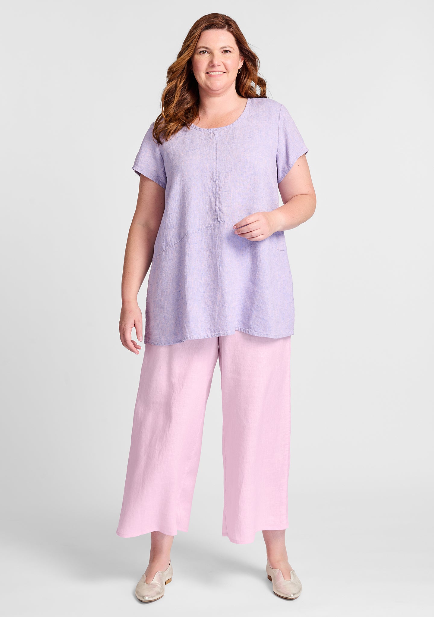 FLAX linen shirt in purple with linen pants in pink