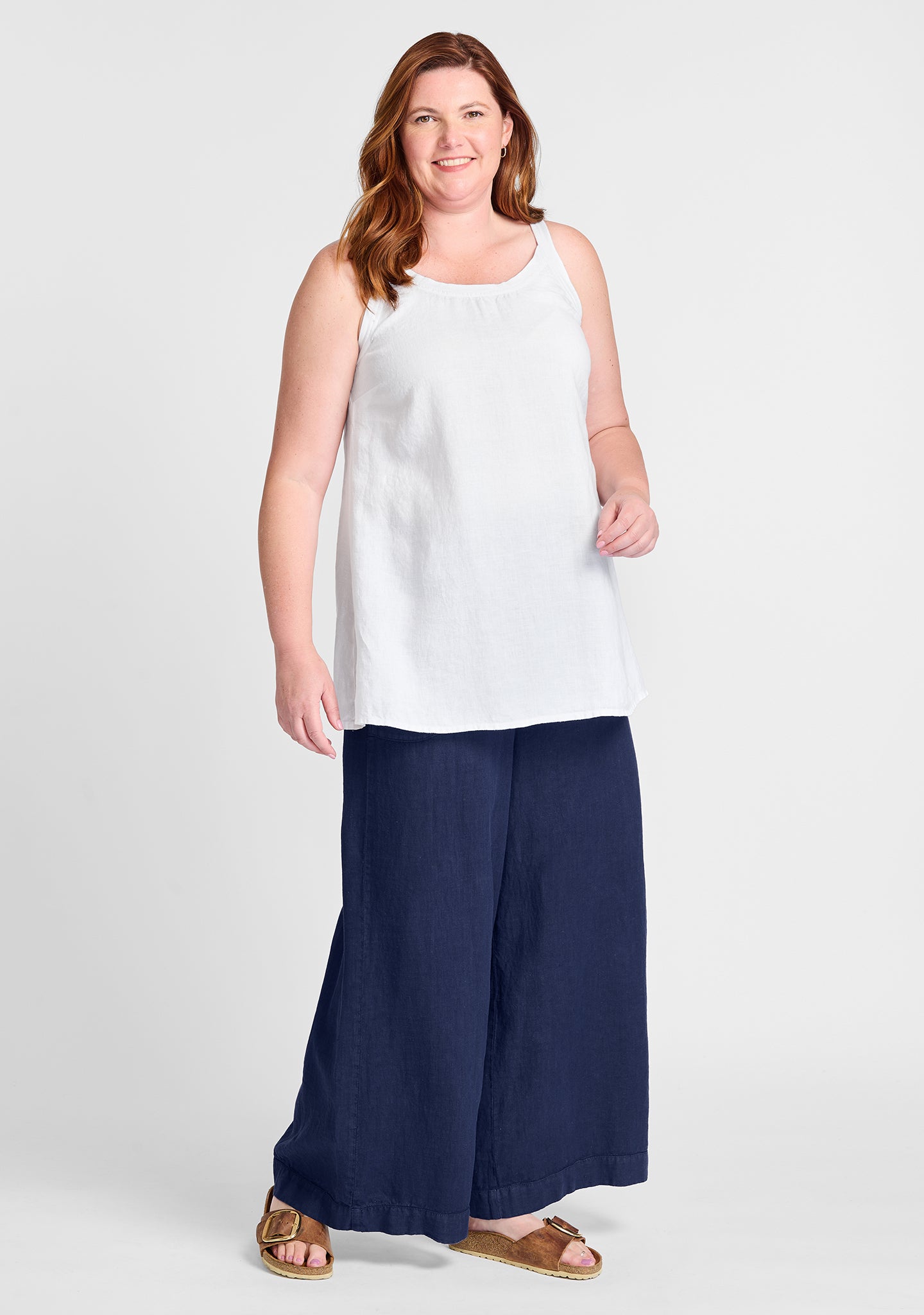 FLAX linen tank in white with linen pants in blue