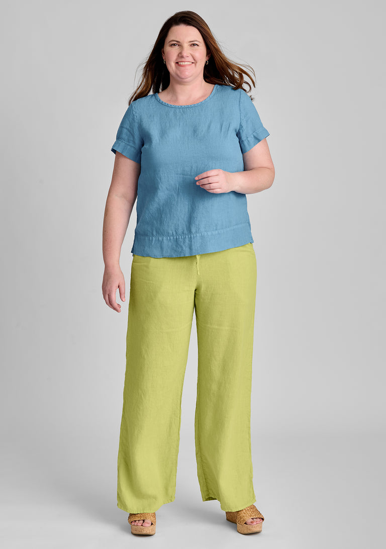 FLAX linen tee in blue with linen pants in green