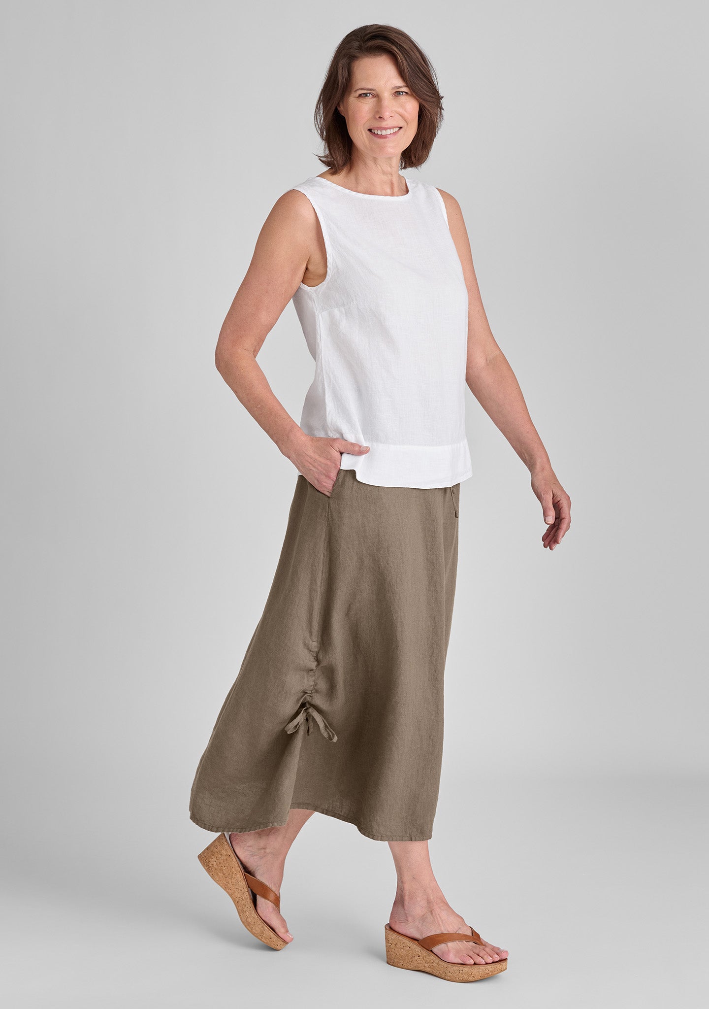 FLAX linen tank in white and linen skirt in brown