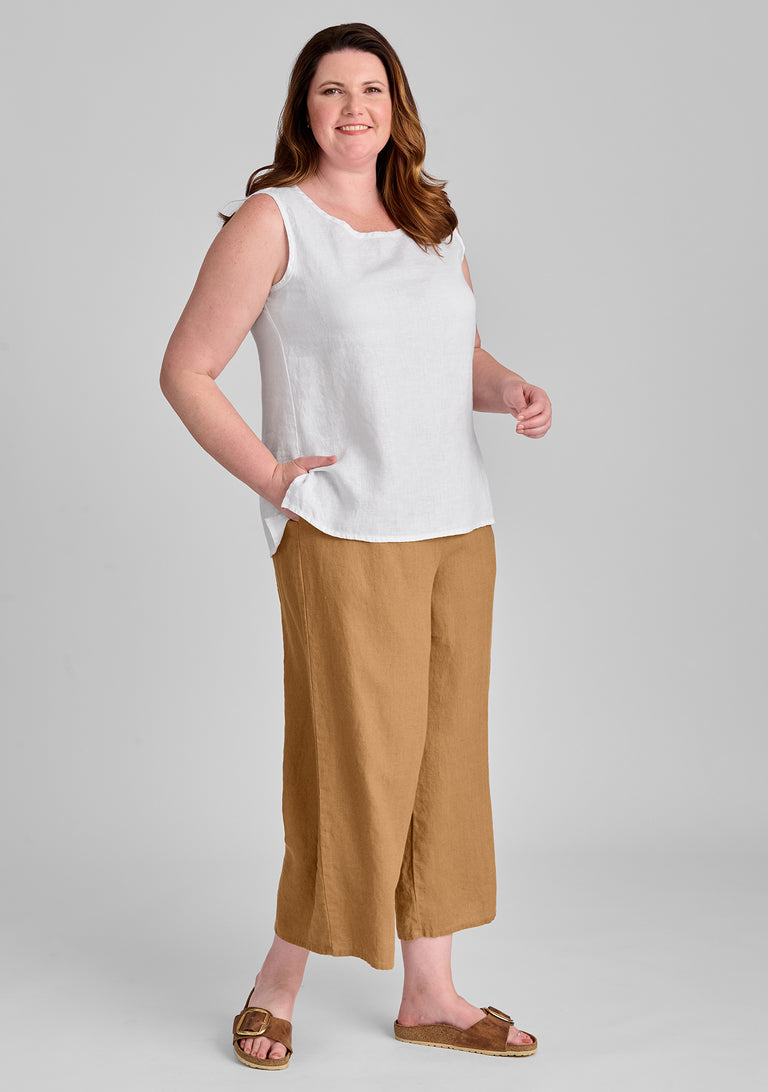 FLAX linen tank in white with linen pants in orange
