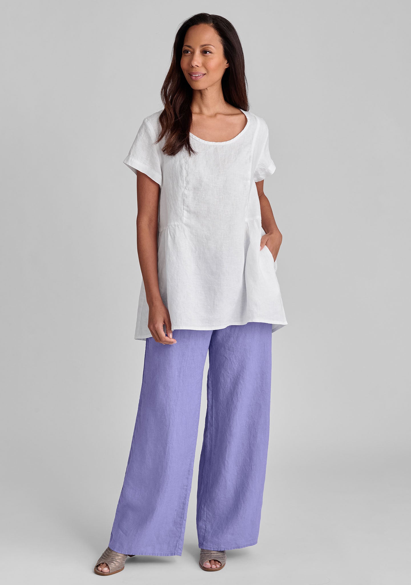 FLAX linen shirt in white with linen pants in purple