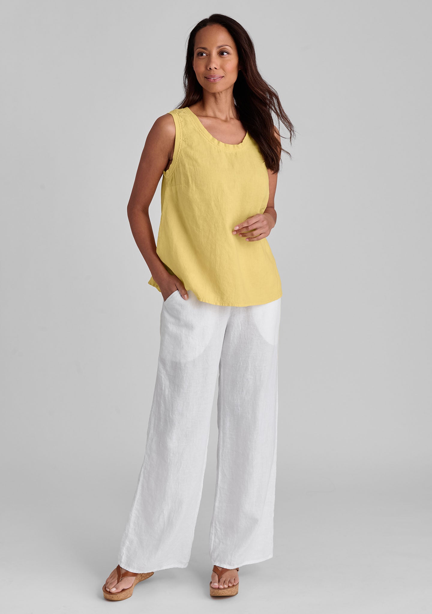 FLAX linen tank in yellow with linen pants in white