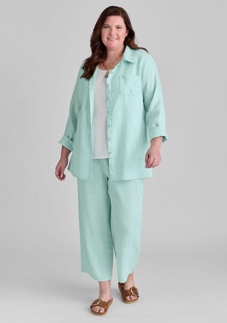FLAX linen shirt in green with linen tank in white and linen pants in green