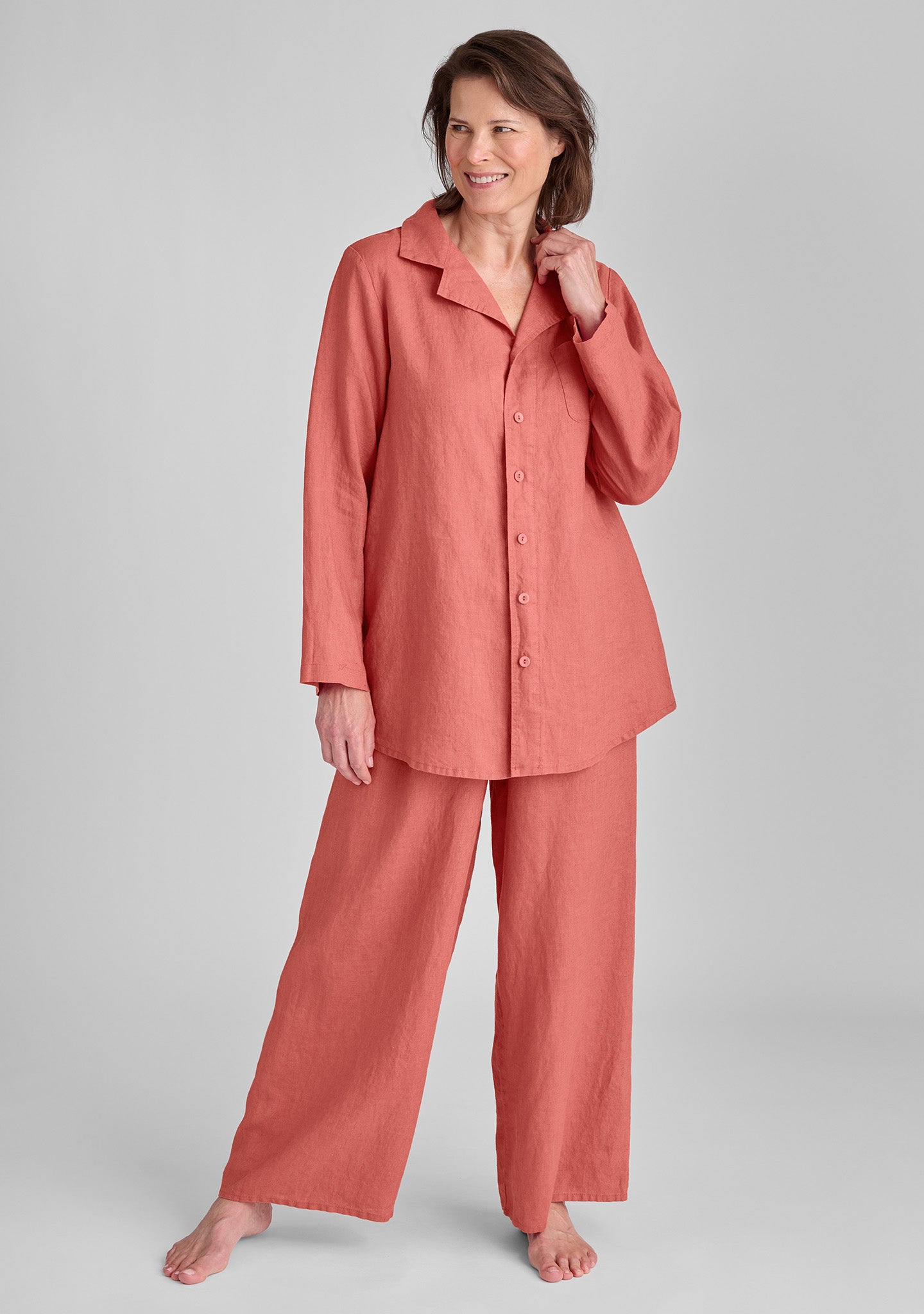 FLAX linen pajama shirt in pink with linen pajama bottoms in pink