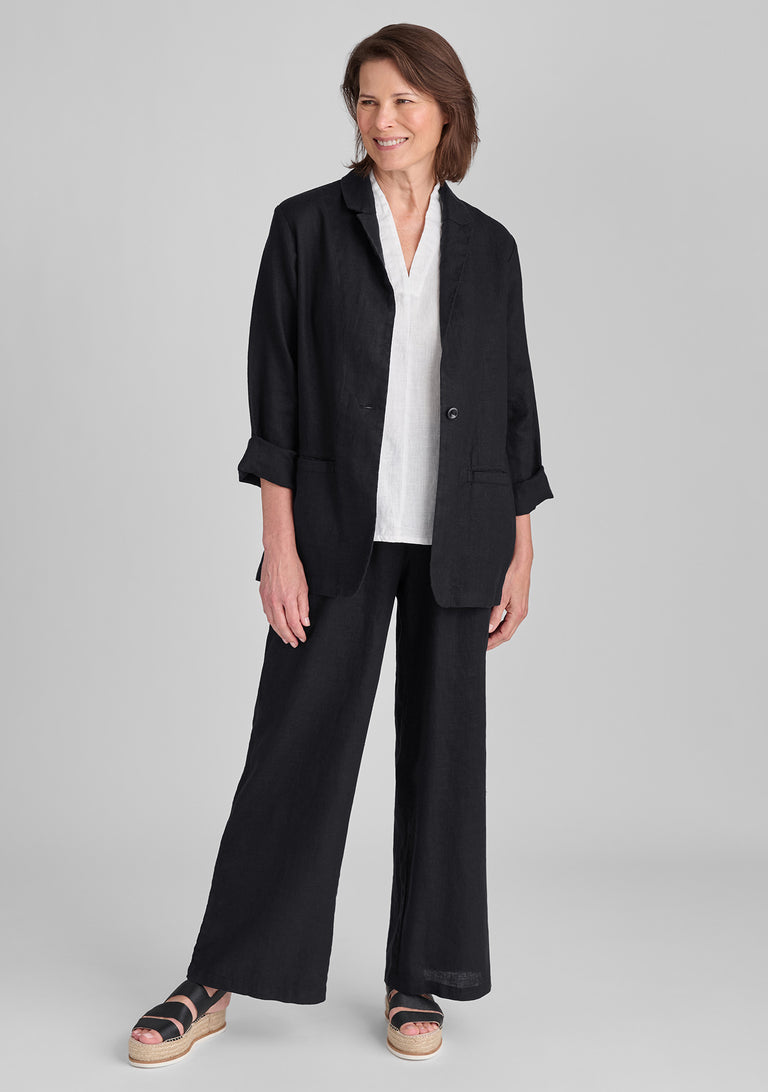 FLAX linen jacket in black with linen tank in white and linen pants in black