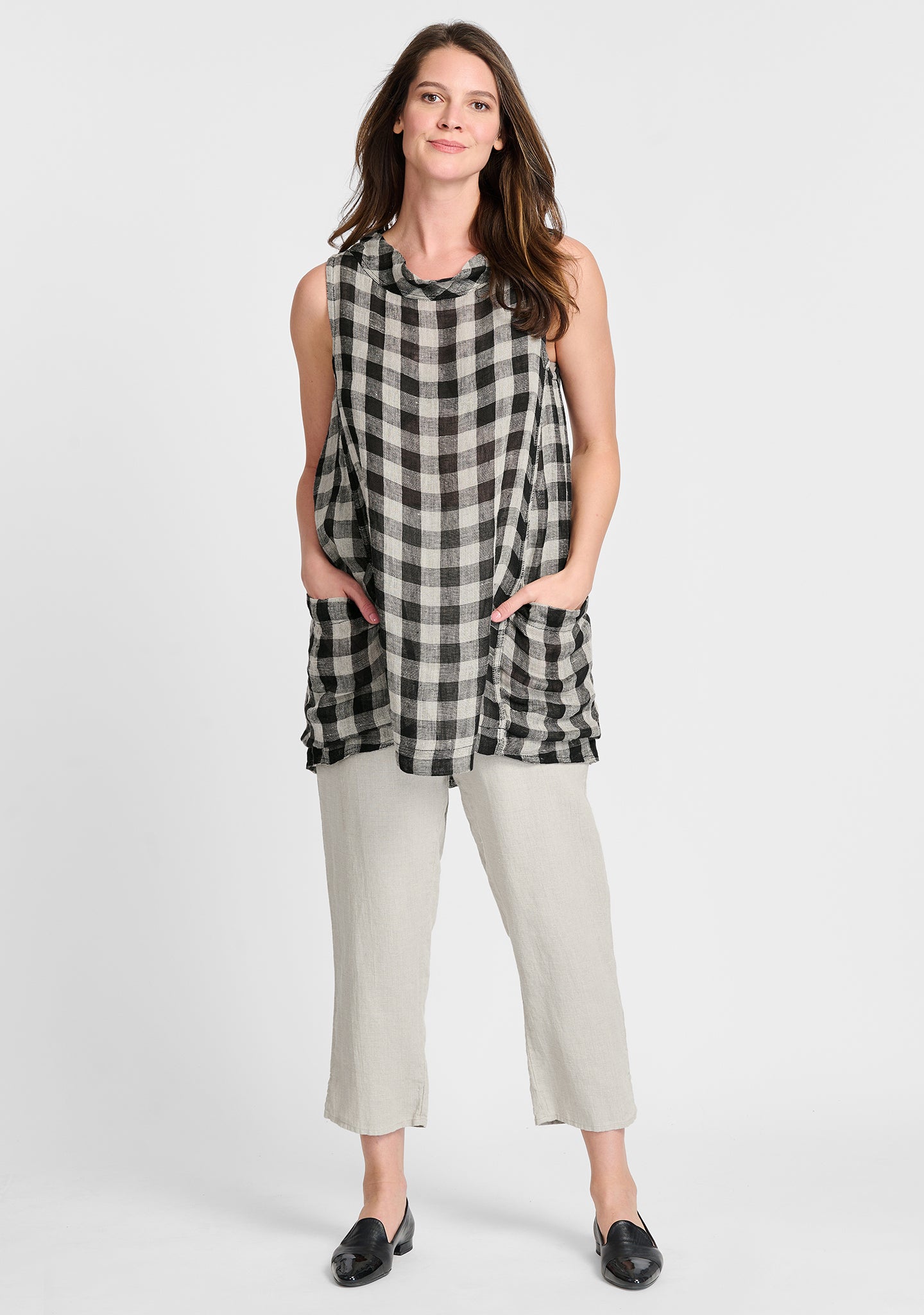 FLAX linen tank in black check with linen pants in natural