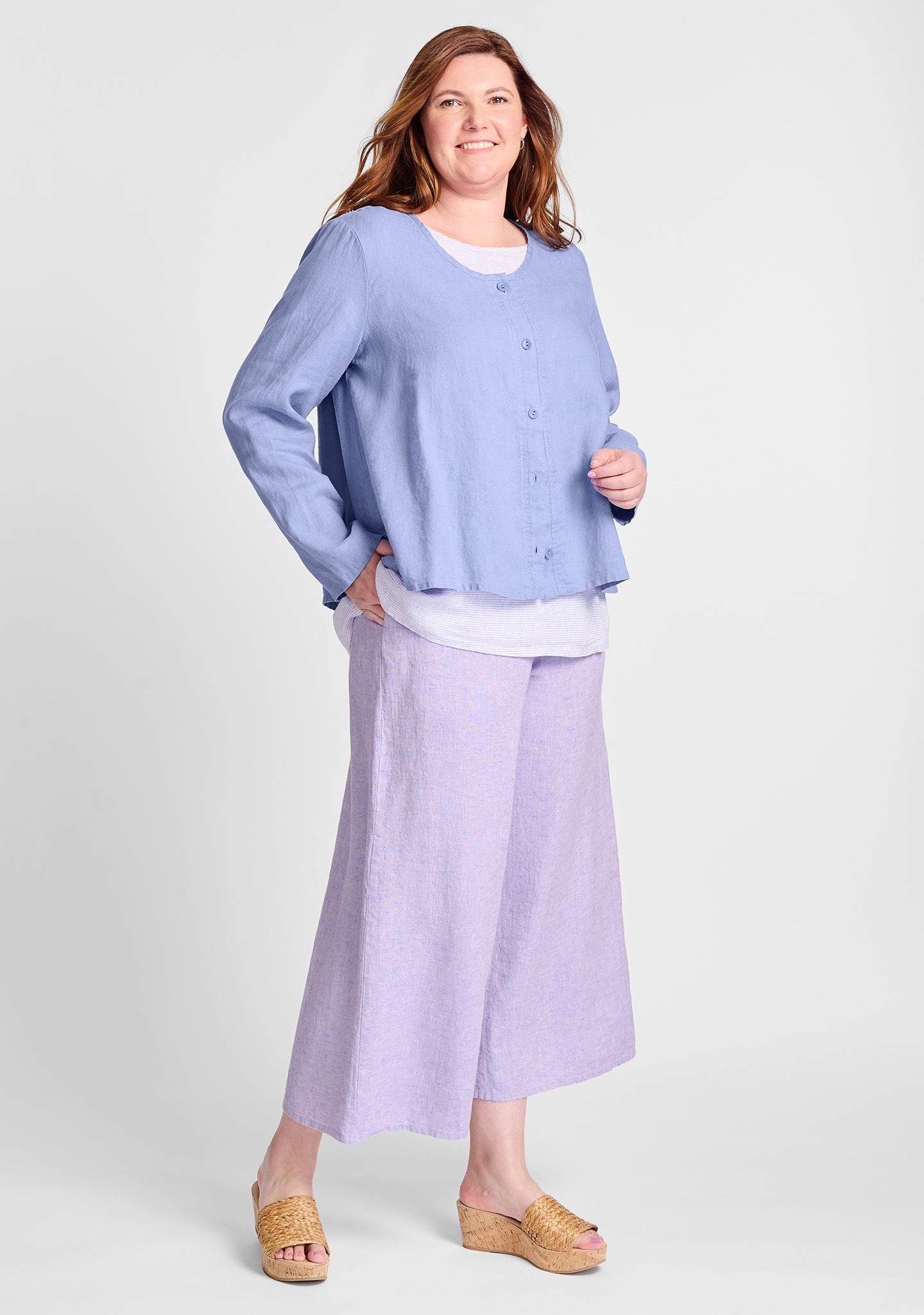 FLAX linen shirt in blue with linen tank in purple and linen pants in purple