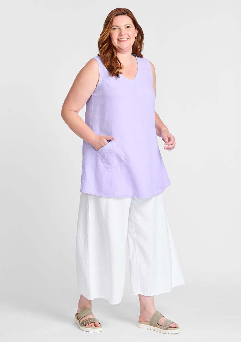 FLAX linen tank in purple with linen pants in white