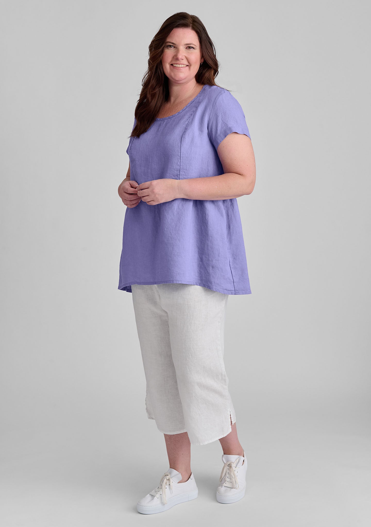 FLAX linen shirt in purple with linen pants in white