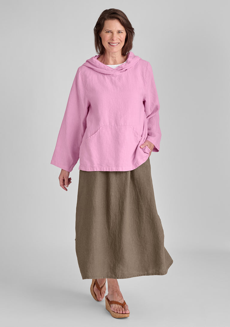 FLAX line shirt in pink and linen tank in white with linen skirt in brown