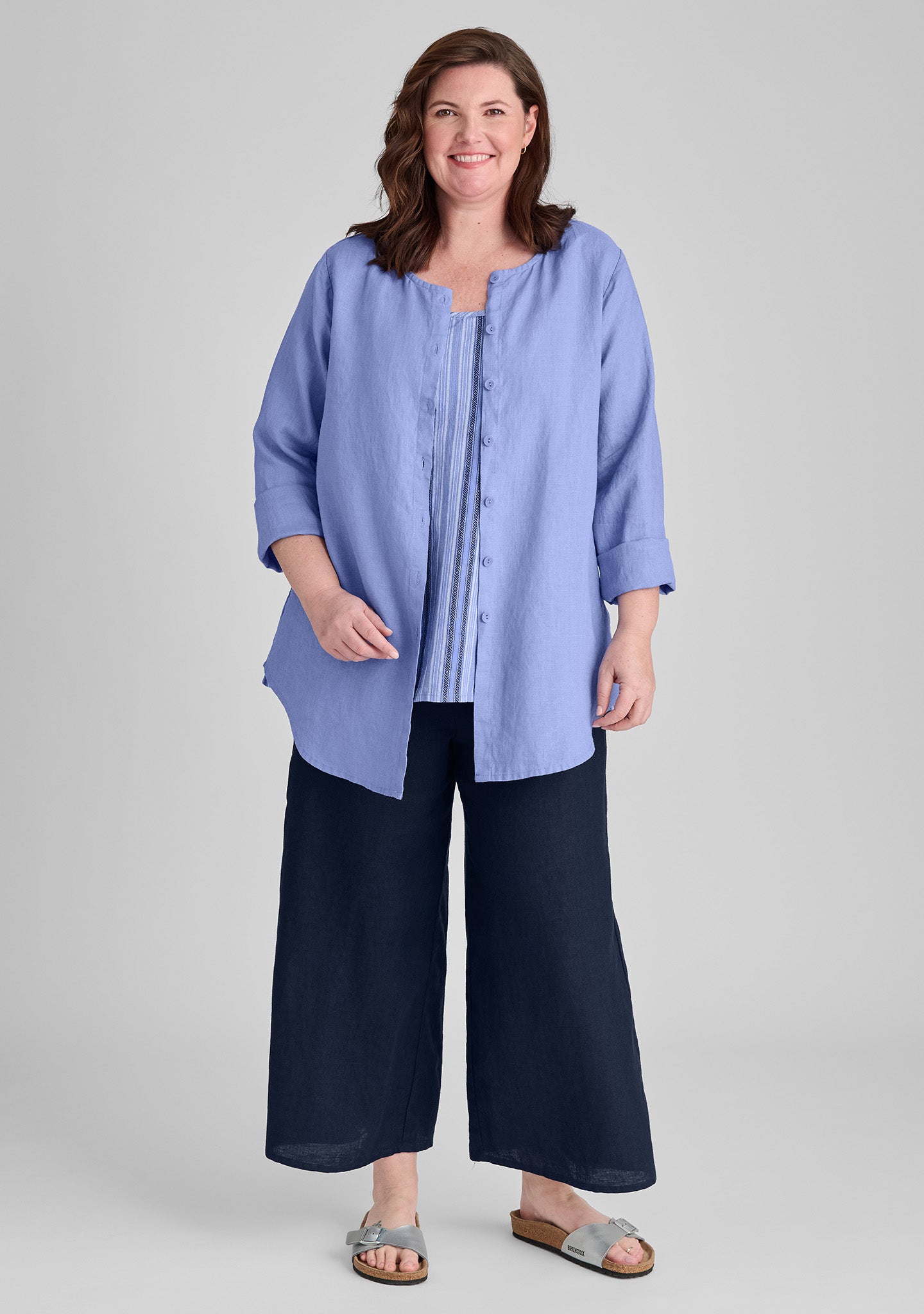FLAX linen blouse in blue with linen tank top in blue and linen pants in blue