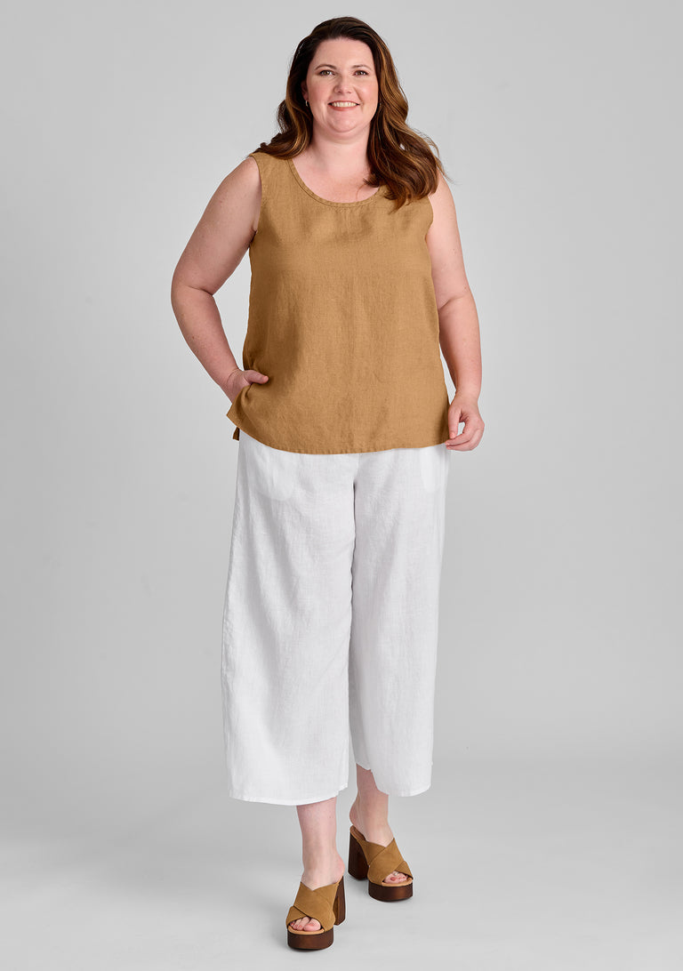 FLAX linen tank in orange with linen pants in white