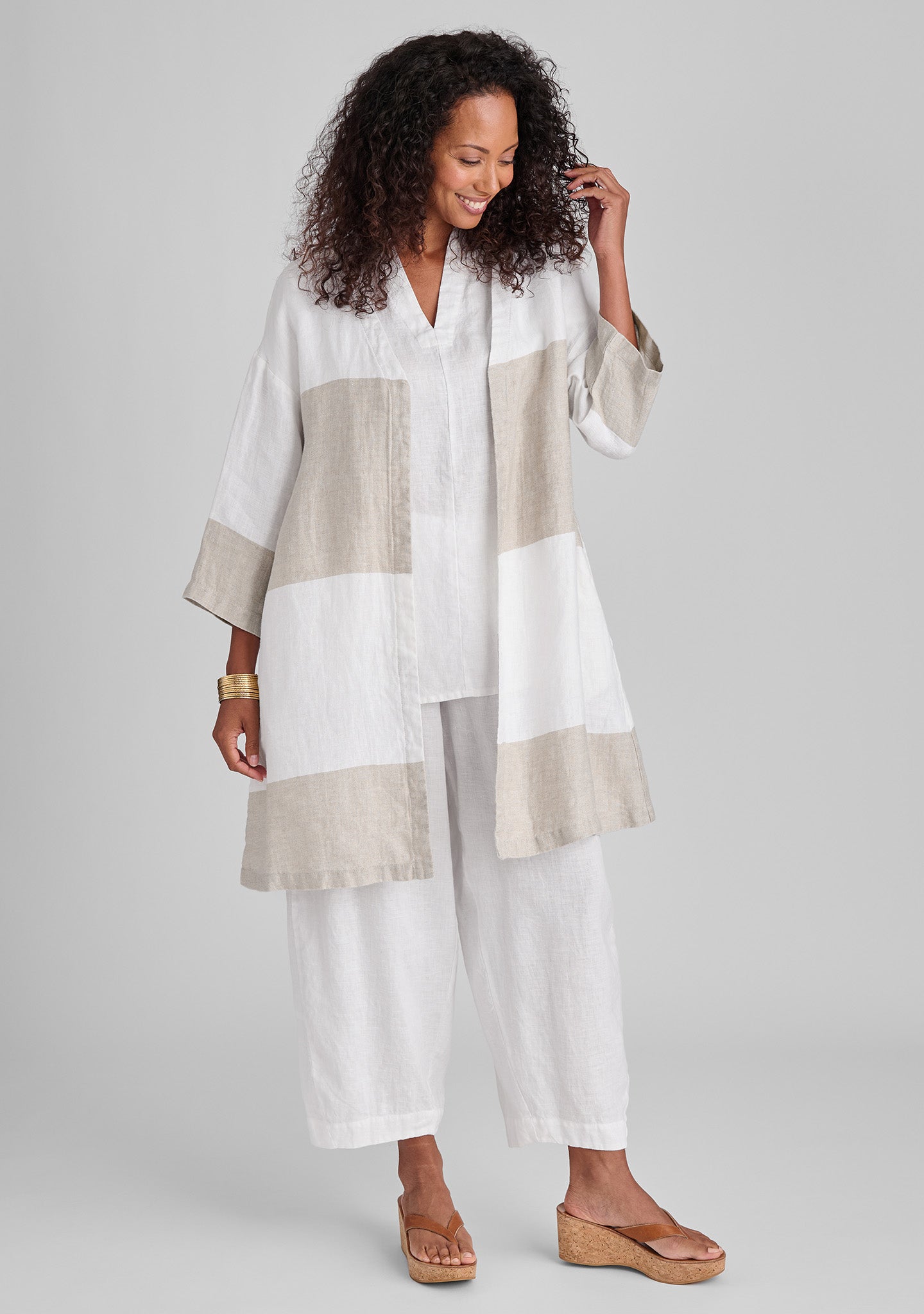 FLAX linen jacket in natural with linen tee in white and linen pants in white