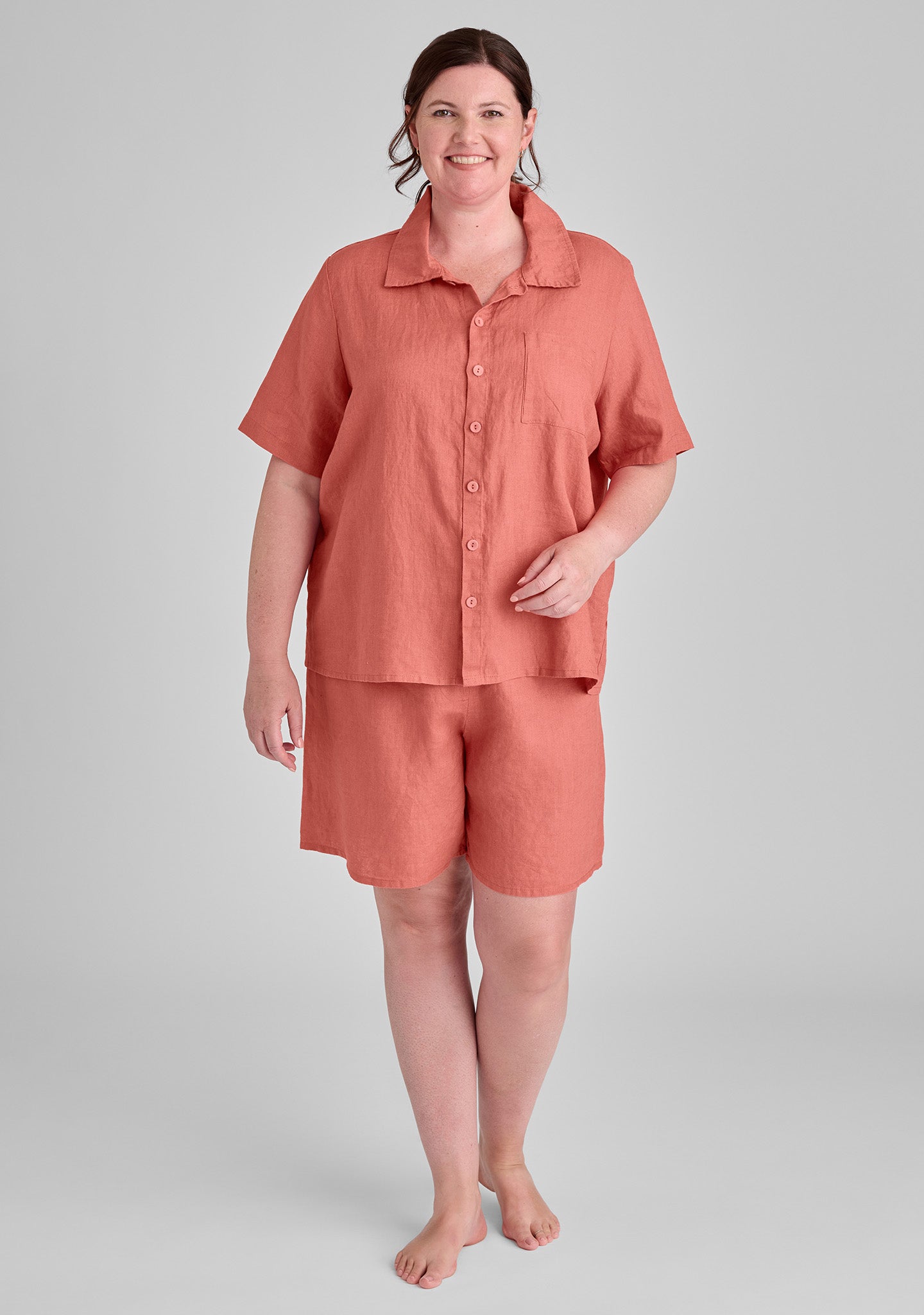 FLAX linen pajama shirt in pink and linen pajama shorts in pink