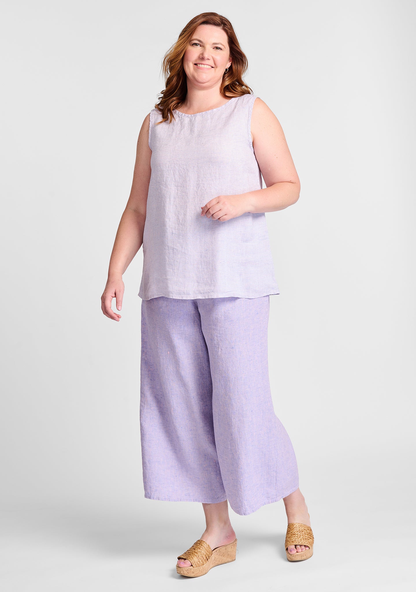 FLAX linen tank in purple with linen pants in purple