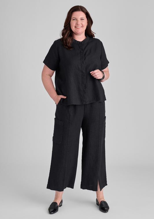 modern flood linen pants with elastic waist black