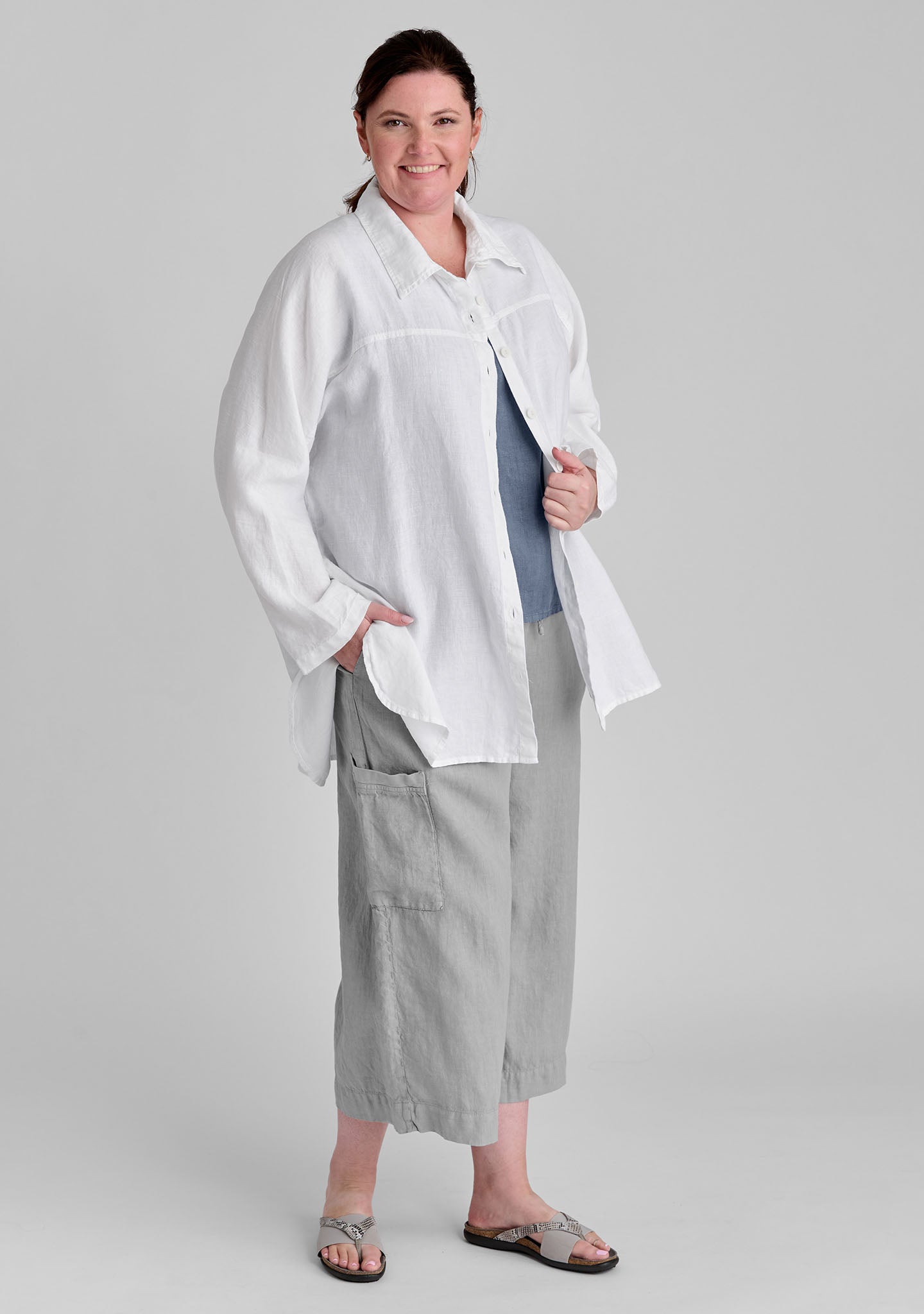 FLAX linen shirt in white with linen tank in blue and linen pants in grey