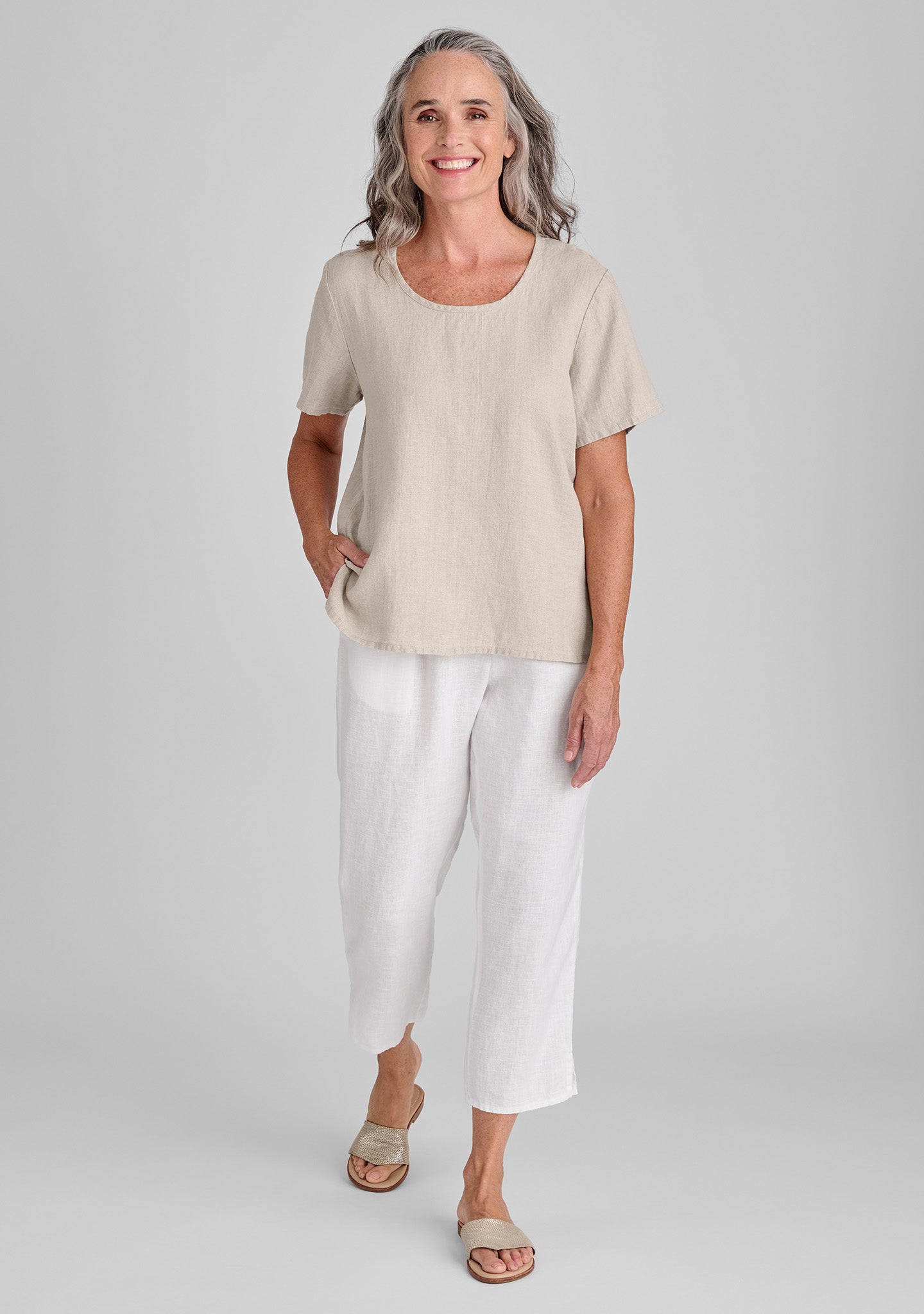 FLAX linen shirt in natural and linen pants in white