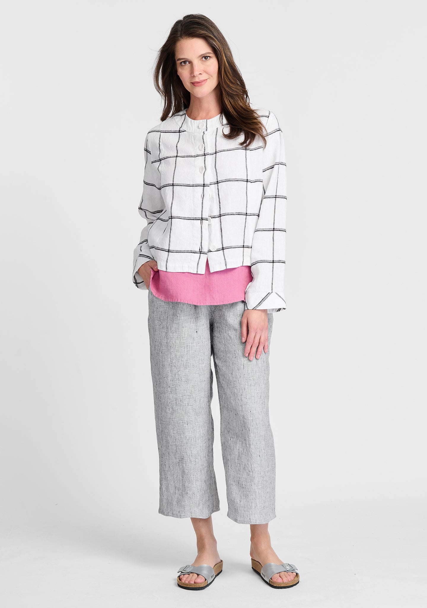 FLAX linen jacket in white with linen tank in pink and linen pants in grey