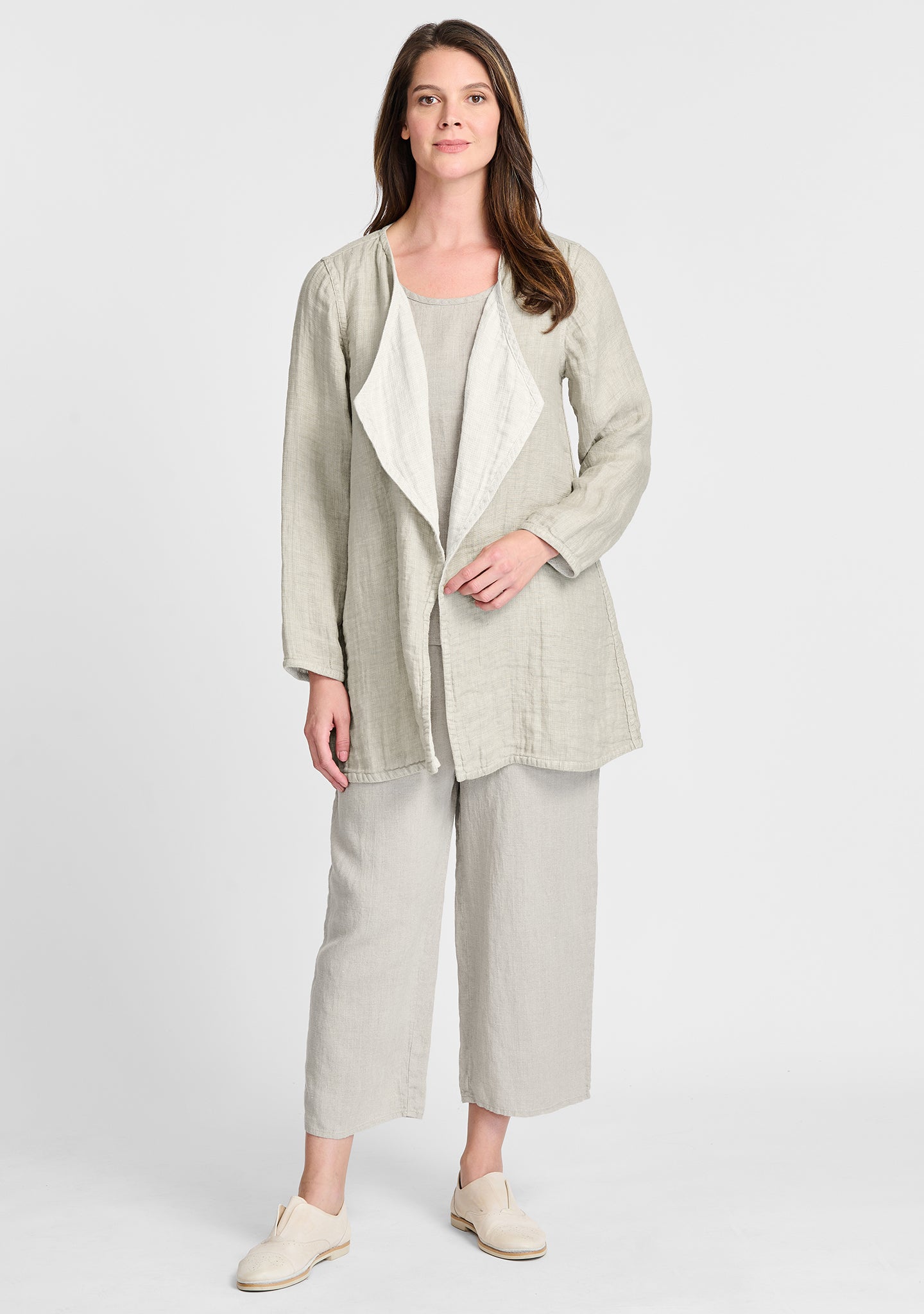 FLAX linen jacket in natural with linen tank in natural and linen pants in natural