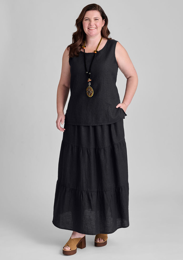 FLAX linen tank in black with linen skirt in black